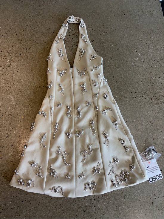 Dresses & Skirts - ASOS Cream Satin Silver Beaded Halter Mini Dress
